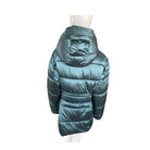 Teal puffer jacket on a mannequin against a white background