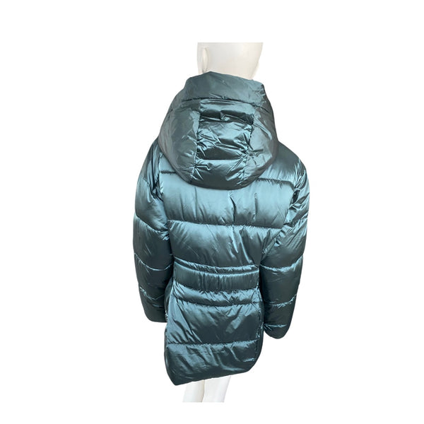 Teal puffer jacket on a mannequin against a white background