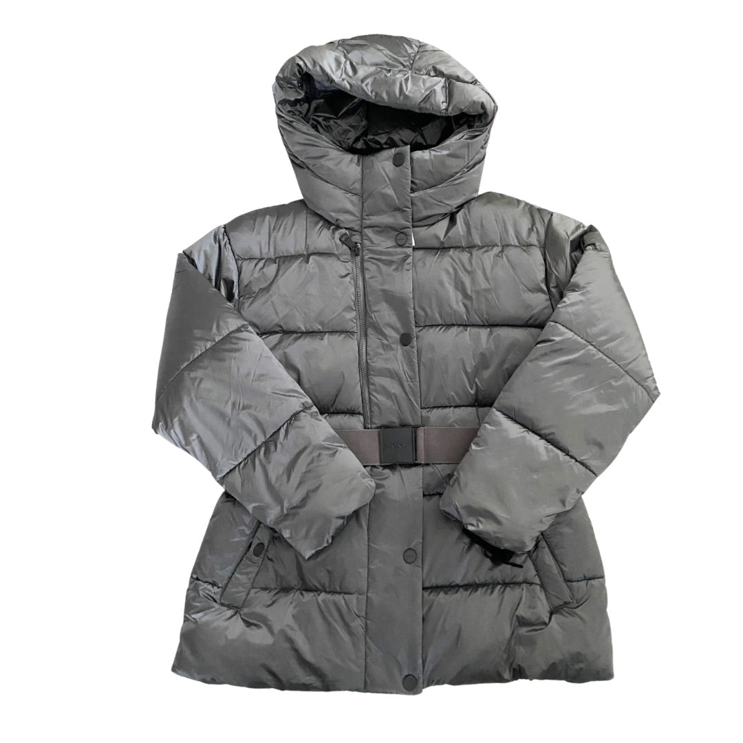 Grey puffer jacket with a hood on a white background