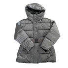 Grey puffer jacket with a hood on a white background