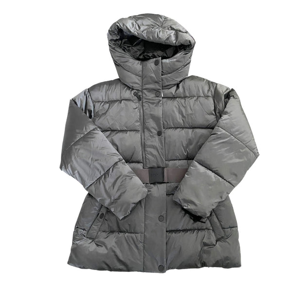 Grey puffer jacket with a hood on a white background
