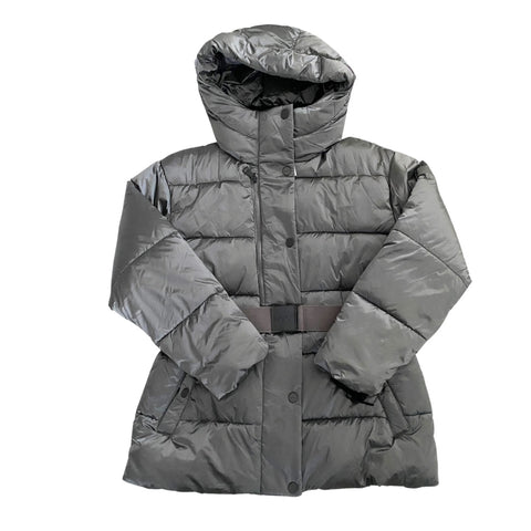 Grey puffer jacket with a hood on a white background