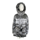 Gray puffer coat on a mannequin against a white background