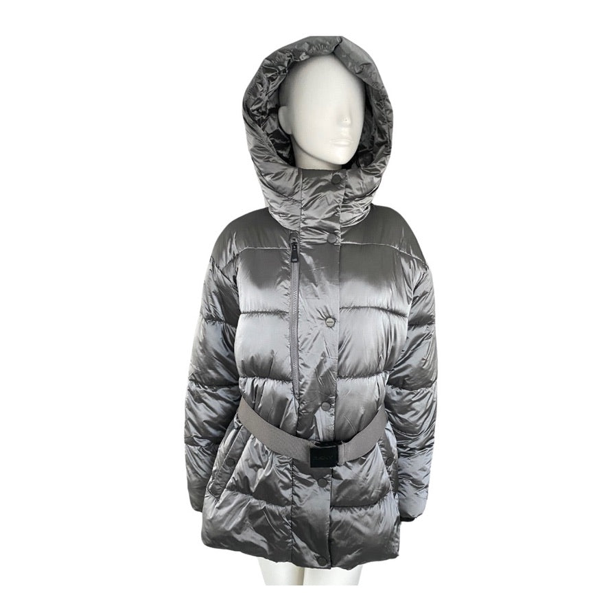 Gray puffer coat on a mannequin against a white background