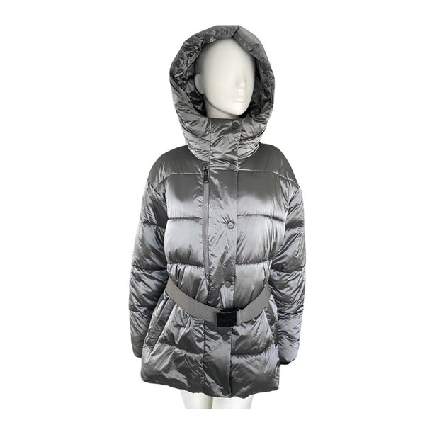 Gray puffer coat on a mannequin against a white background