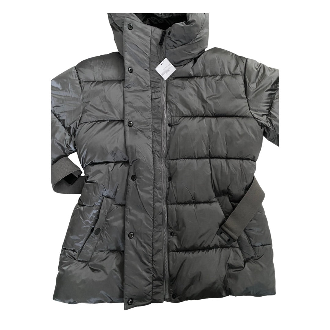 Dark gray puffer coat on a white background