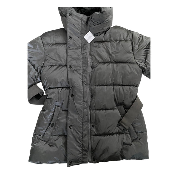 Dark gray puffer coat on a white background