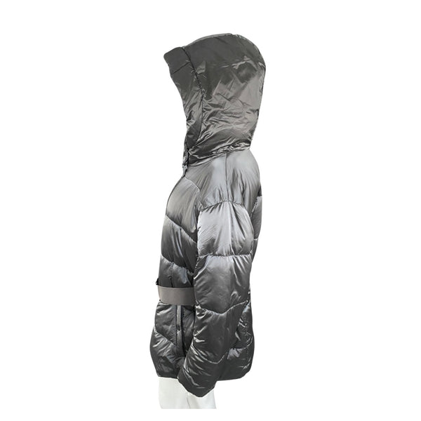 Gray puffer jacket with a hood on a white background