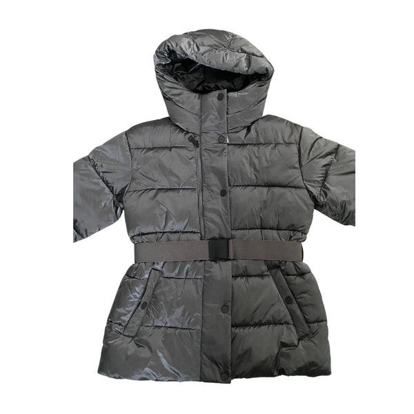 Gray puffer coat with a hood on a white background