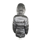 Back view of a gray puffer jacket on a mannequin against a white background