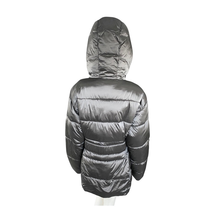 Back view of a gray puffer jacket on a mannequin against a white background