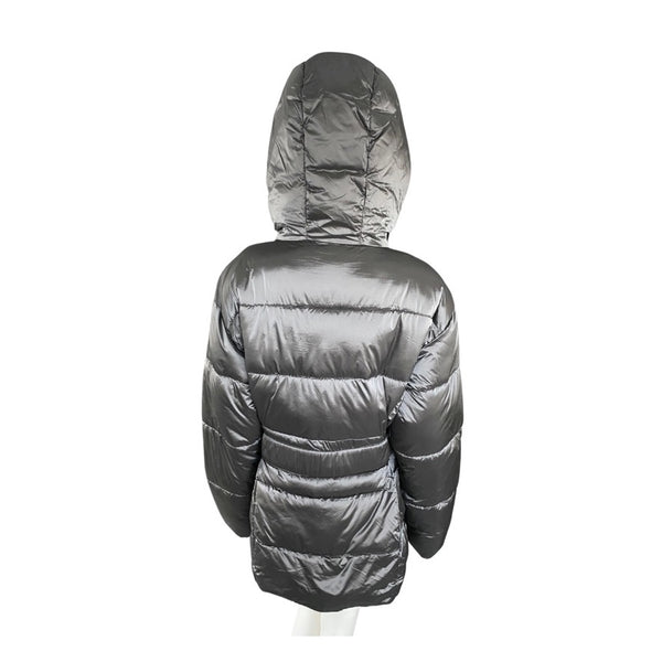 Back view of a gray puffer jacket on a mannequin against a white background