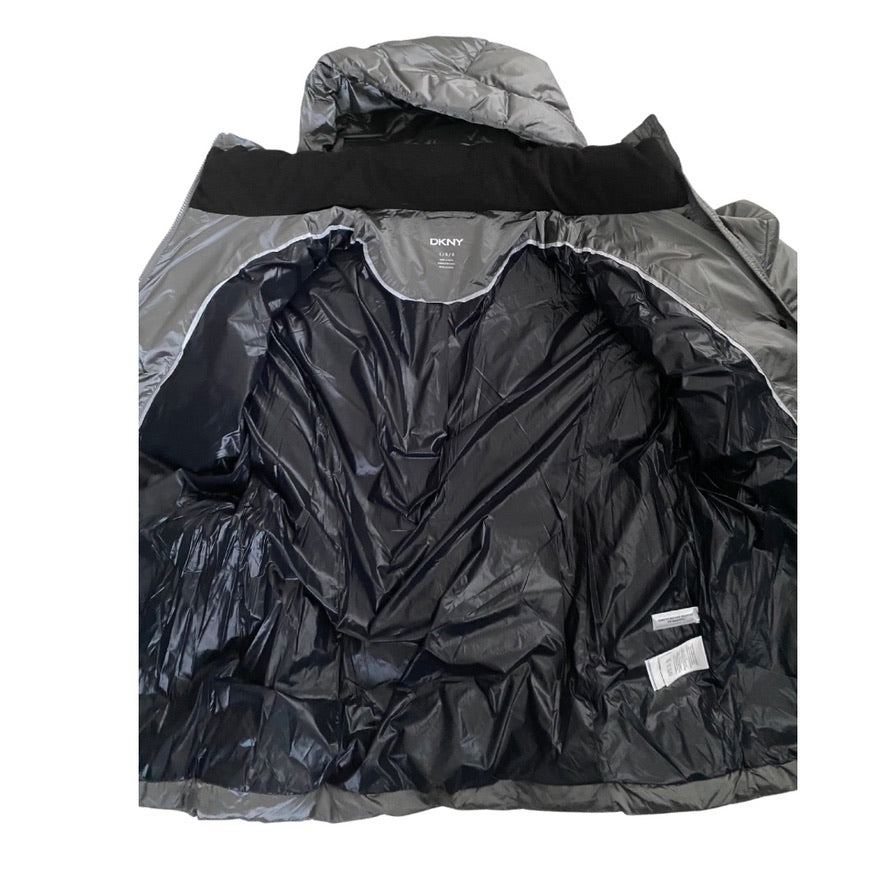 Black lining og grey puffer jacket with  on a white background
