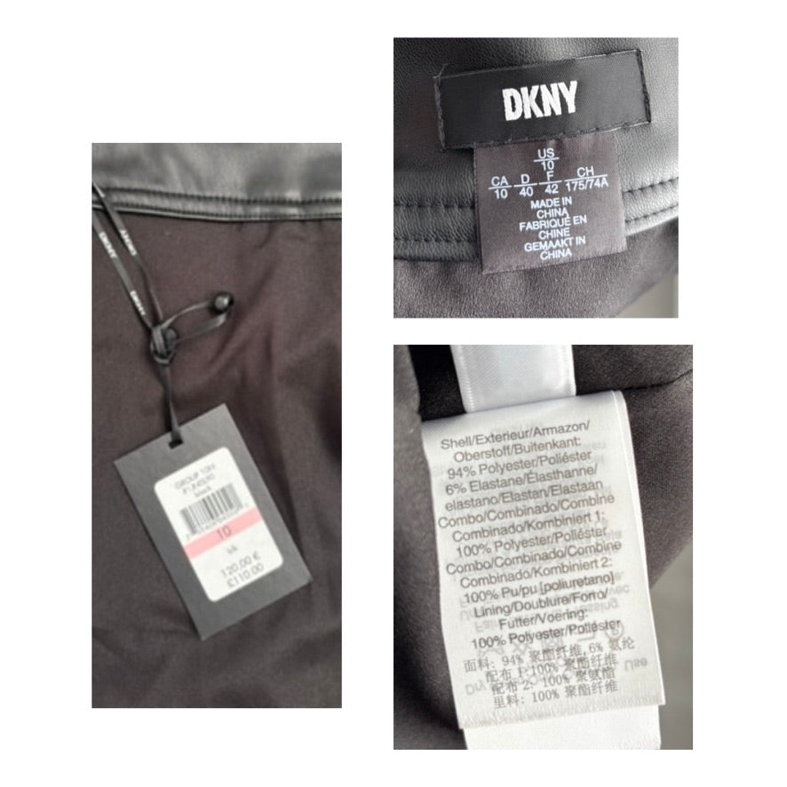 Close-up of DKNY clothing labels on a garment with brand name and size information.
