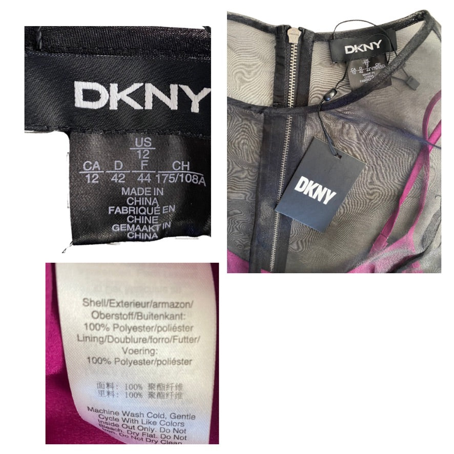DKNY clothing labels with size chart, fabric content, and care instructions.