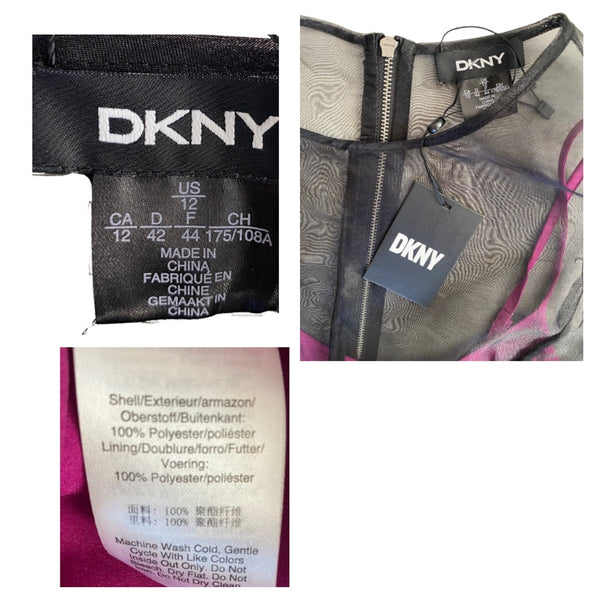 DKNY clothing labels with size chart, fabric content, and care instructions.