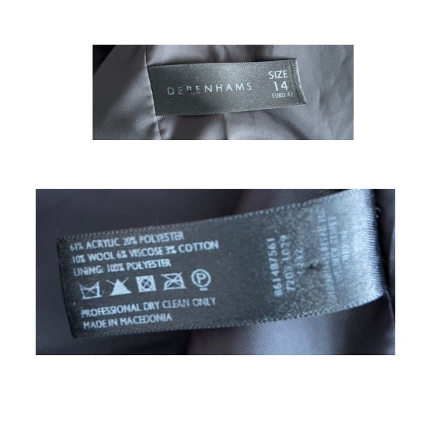 Clothing label with size and care instructions on a garment.