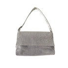 A silver diamanté shoulder bag with a mesh effect and a buckle strap detail. It has a rectangular shape and the bag's flap is visible with a magnetic press stud fastening.