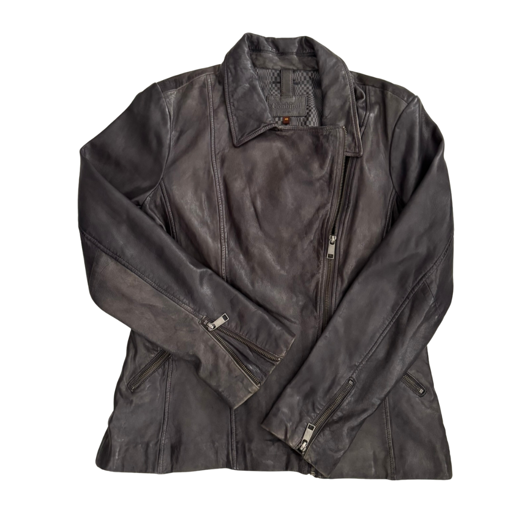 Dark leather jacket on a white background