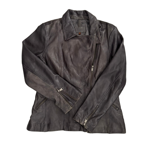 Dark leather jacket on a white background