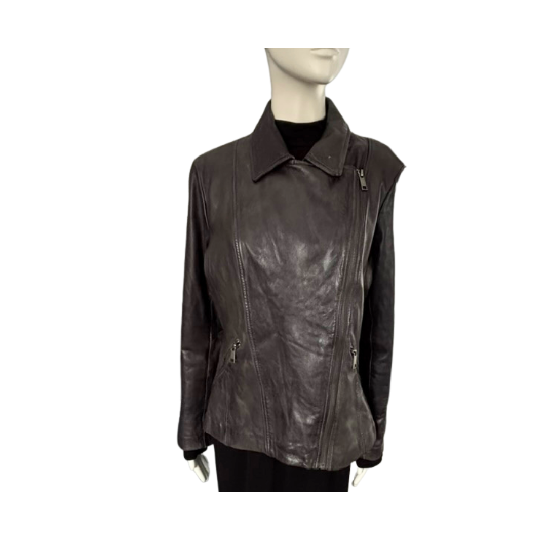 Grey leather jacket on a mannequin against a white background