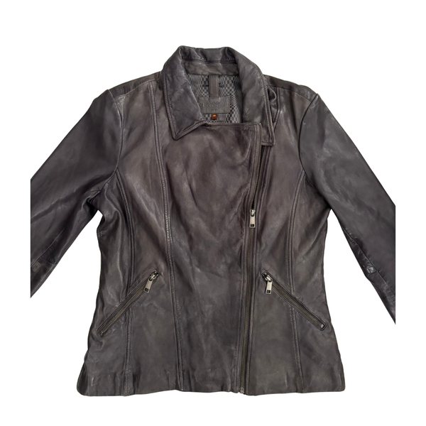 Dark leather jacket on a white background