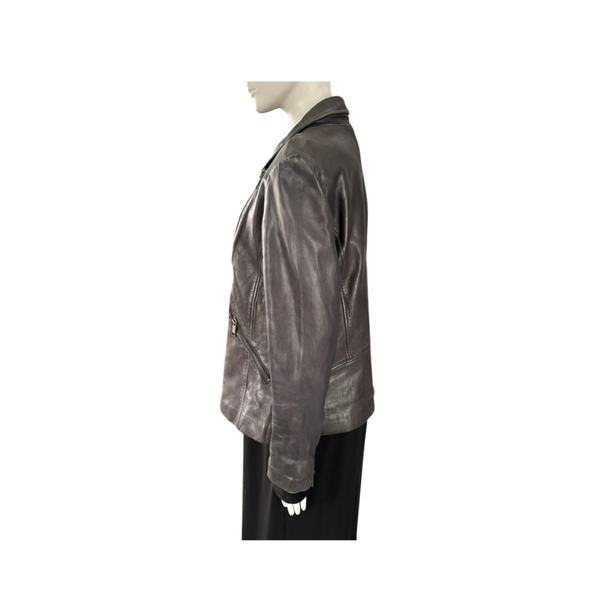 Mannequin wearing a grey leather jacket on a white background