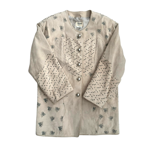 Beige cardigan with floral pattern on a white background