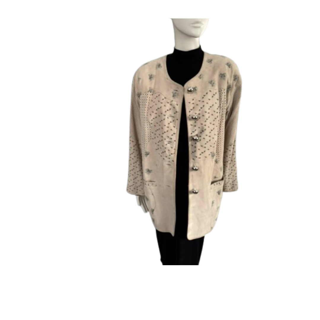 Beige cardigan with floral patterns on a mannequin against a white background