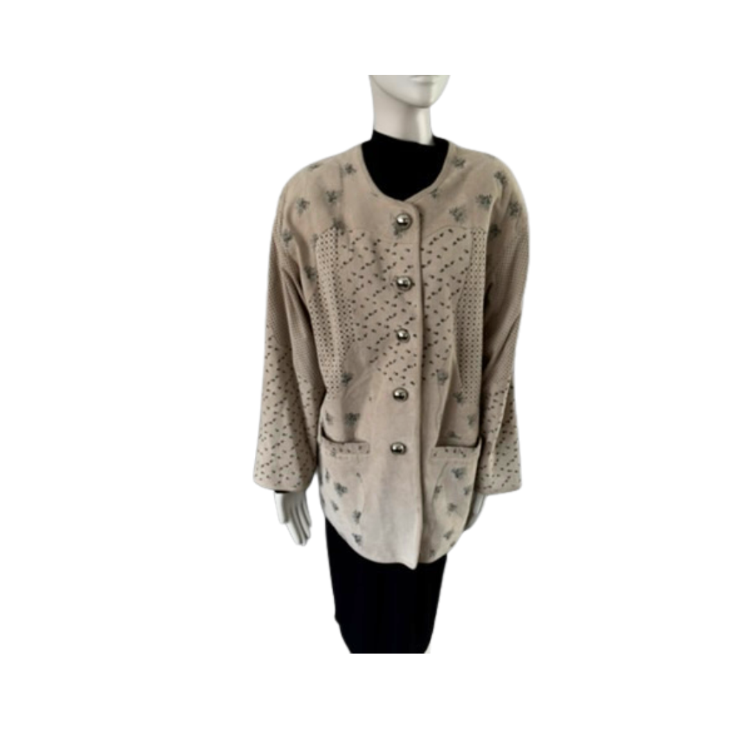 Beige cardigan with silver buttons on a mannequin against a white background