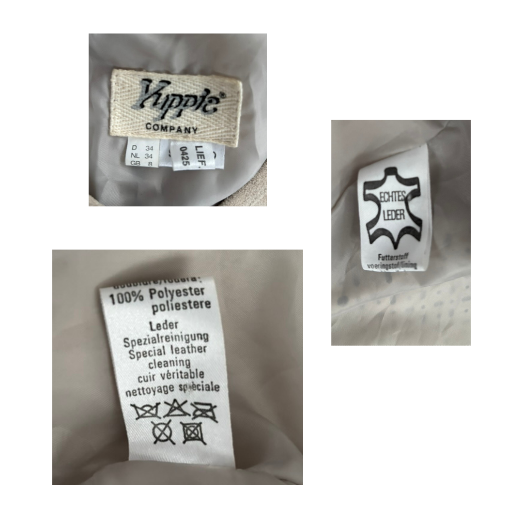 Close-up of clothing labels with text and logos on a gray background