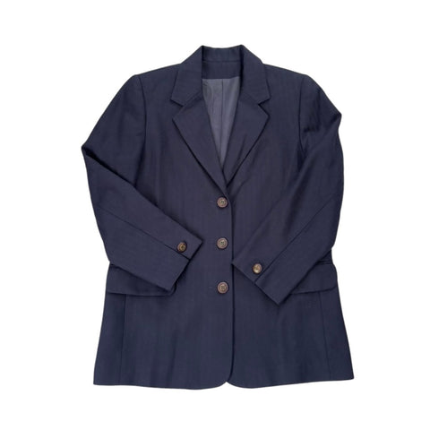 Navy blue blazer with button details on a white background