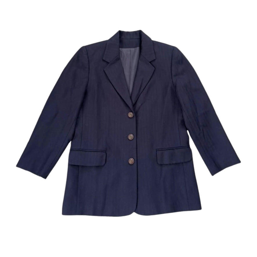 Navy blue blazer with three buttons on a white background