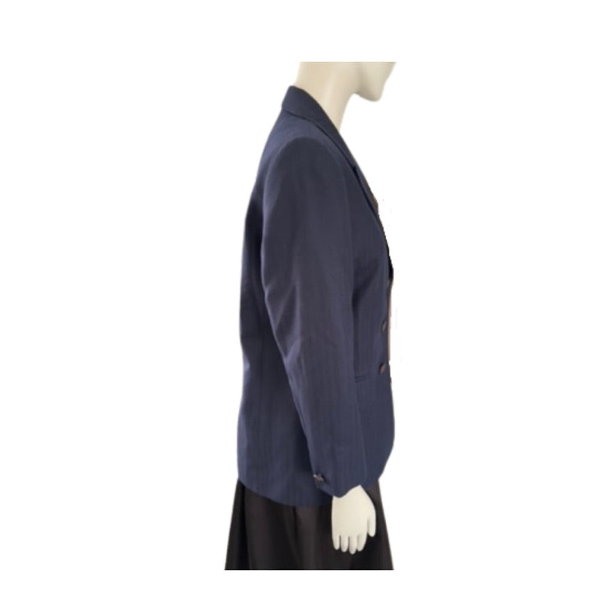 Navy blue blazer on a mannequin against a white background