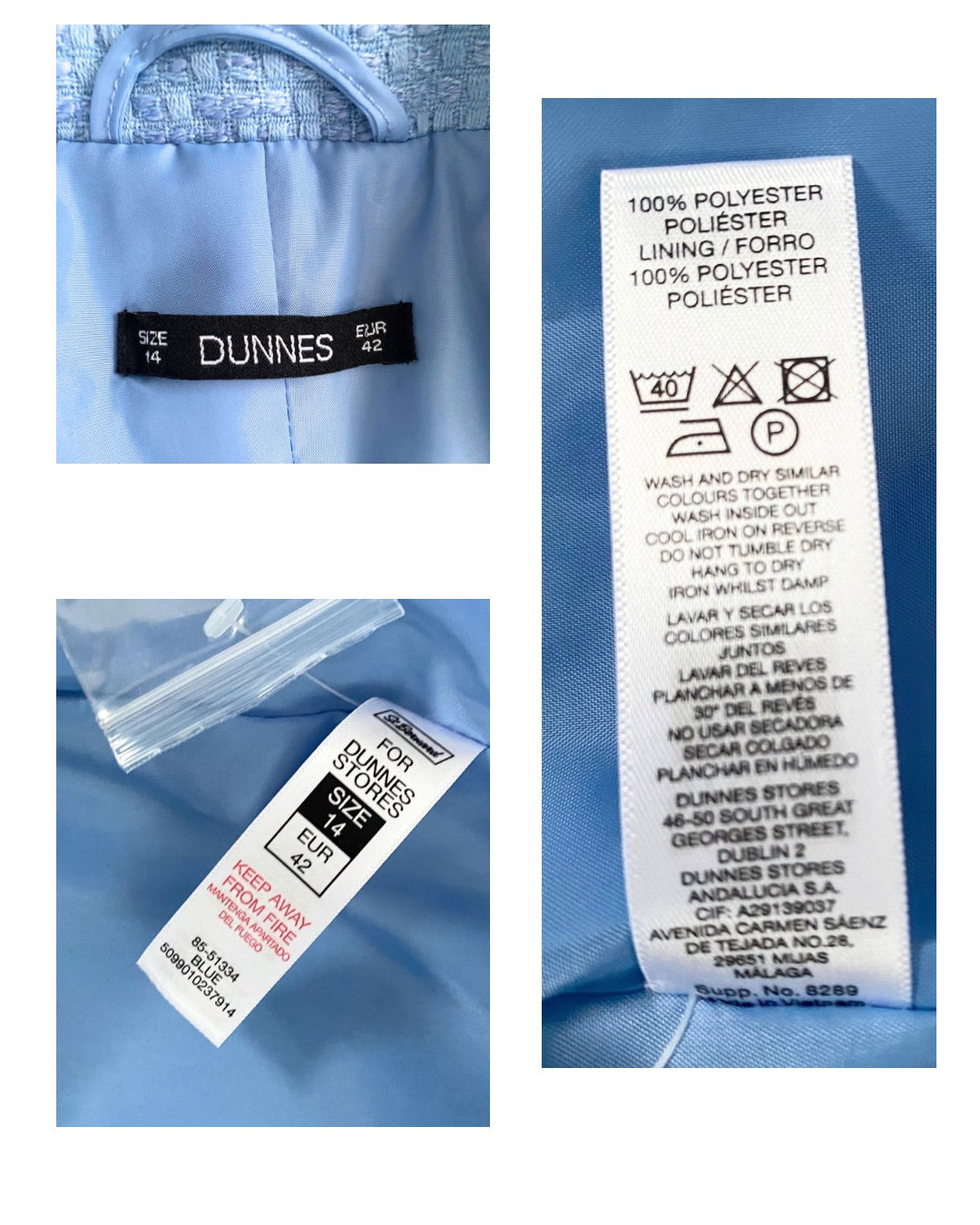 Close-up of clothing labels with brand name and care instructions on a blue fabric background