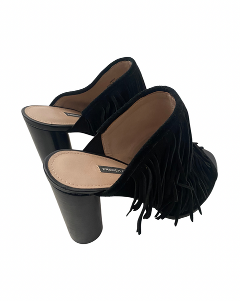 French Connection Suede Fringe Mules Black SIZE 40
