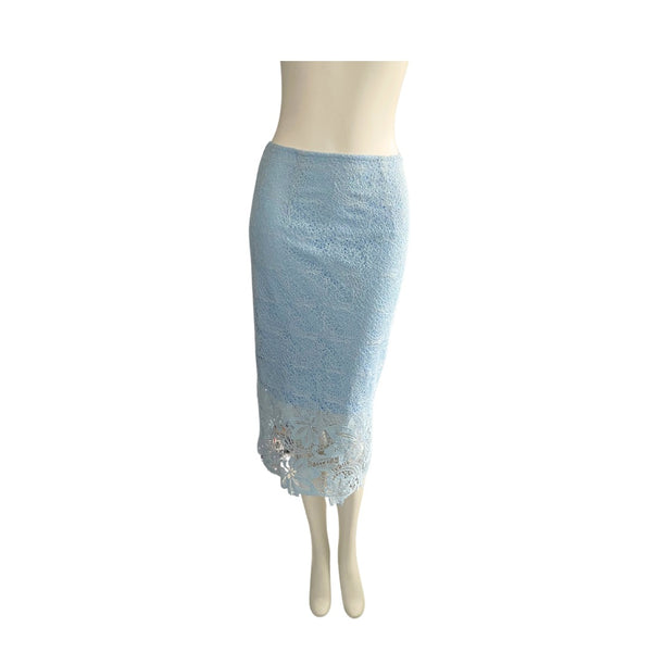 Lace Appliqué Pencil Skirt Blue