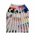 Colorful pleated skirt with abstract patterns on a white background