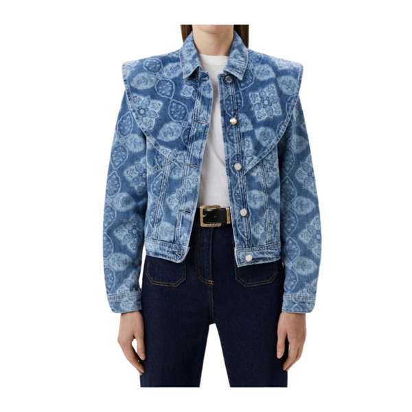 CLAUDIE PIERLOT Voyage Printed Denim Jacket Blue SIZE 14