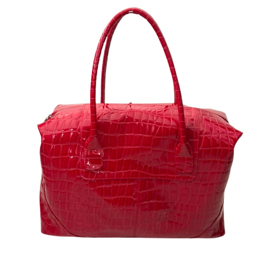 Red textured handbag on a white background