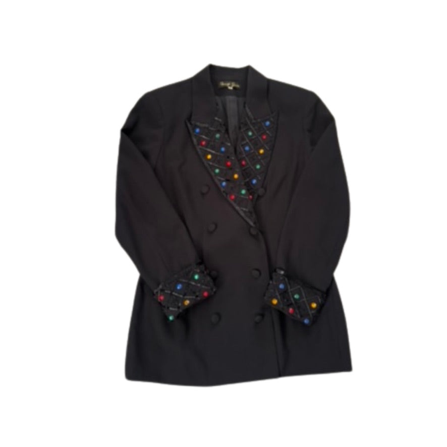 Black blazer with colorful embellishments on a white background