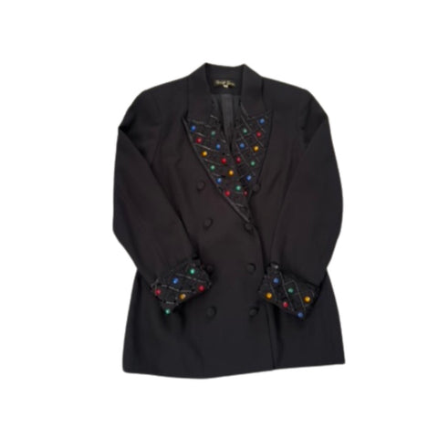 Black blazer with colorful embellishments on a white background
