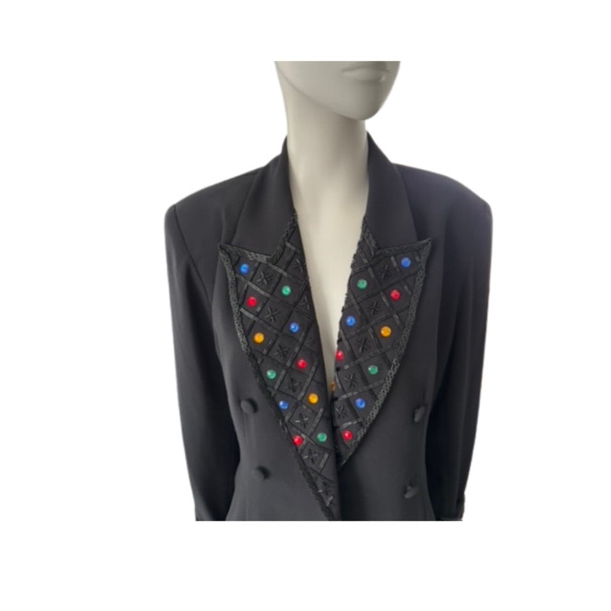 Black jacket with colorful gemstone trim on a mannequin against a white background