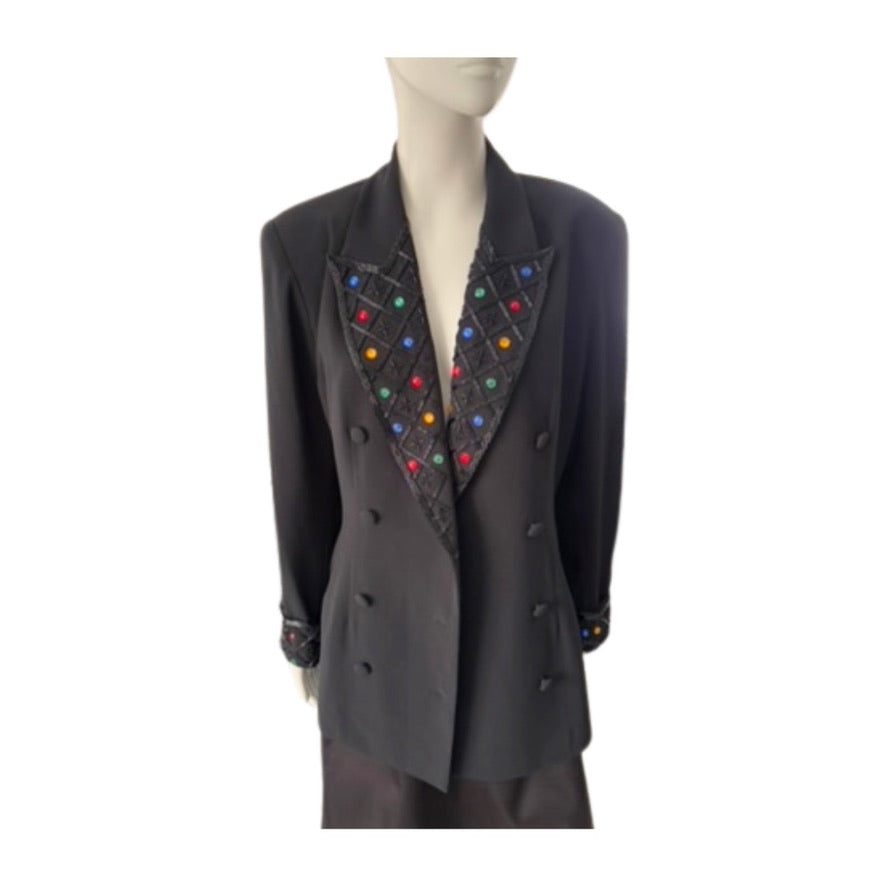 Black blazer with colorful gemstone embellishments on a white background