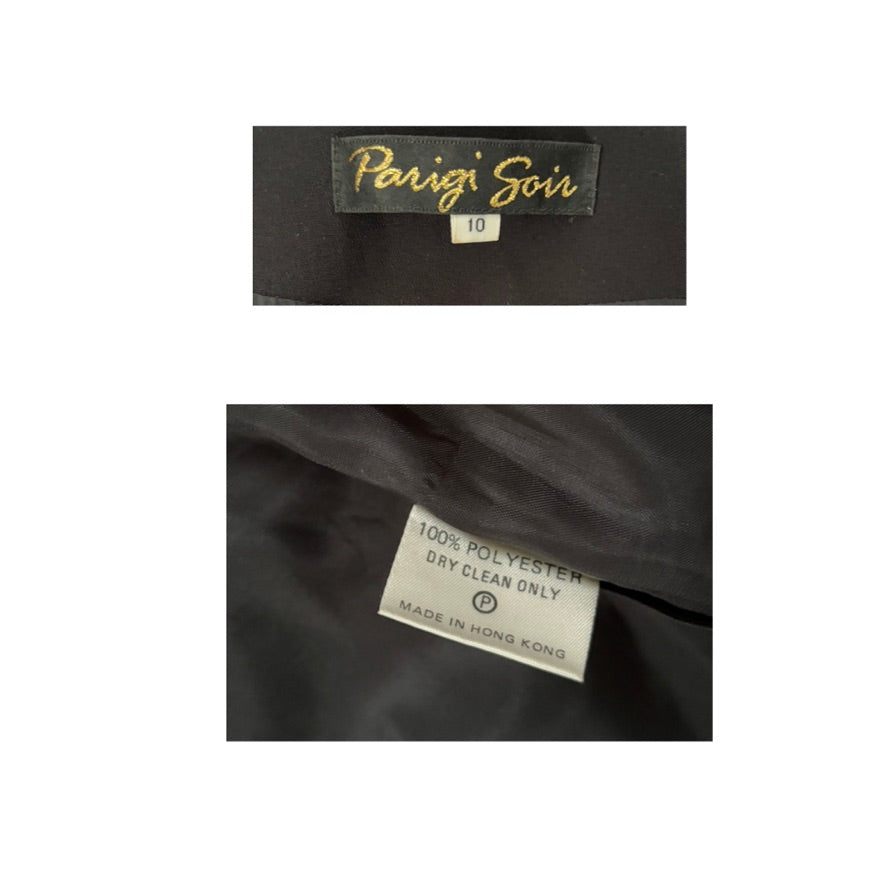 Two labels on a black fabric background, one with 'Parigi Soir' branding and the other with fabric care instructions.
