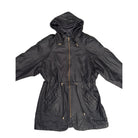 Dark gray hooded jacket with gold zippers on a white background