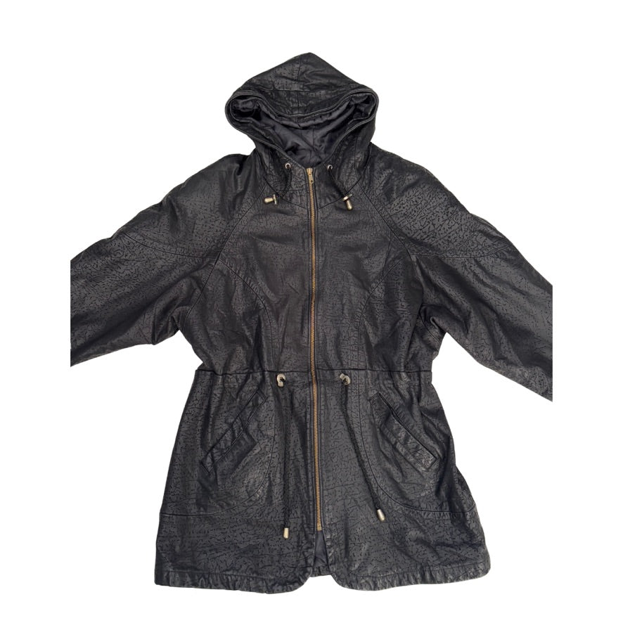 Dark gray hooded jacket with gold zippers on a white background