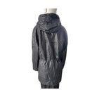Dark gray raincoat on a mannequin against a white background
