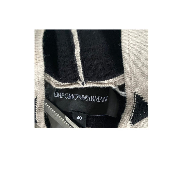 Close-up of Emporio Armani label on a patterned fabric