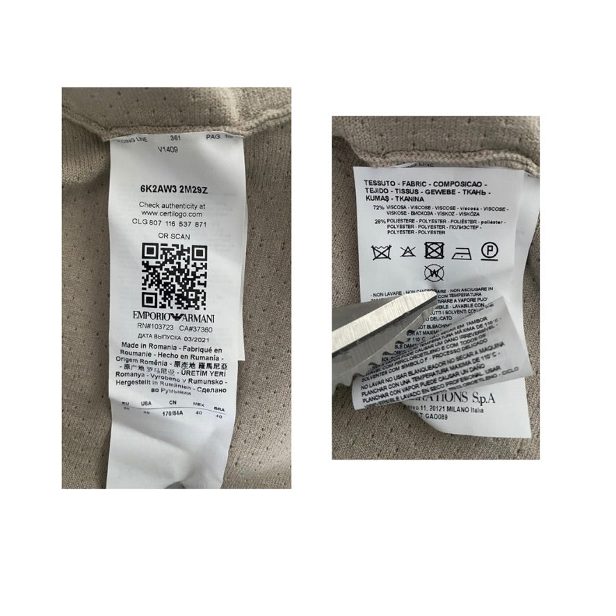 Close-up of fabric labels with text and a QR code on a textured background